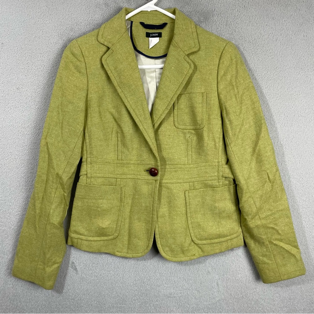 J Crew Blazer Jacket Womens Size 6 Green 100% Wool Robert Noble Scotland Cloth